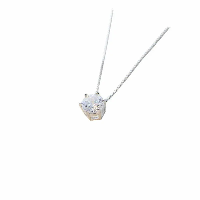 Zircon Six-claw Necklace - White Gold Color