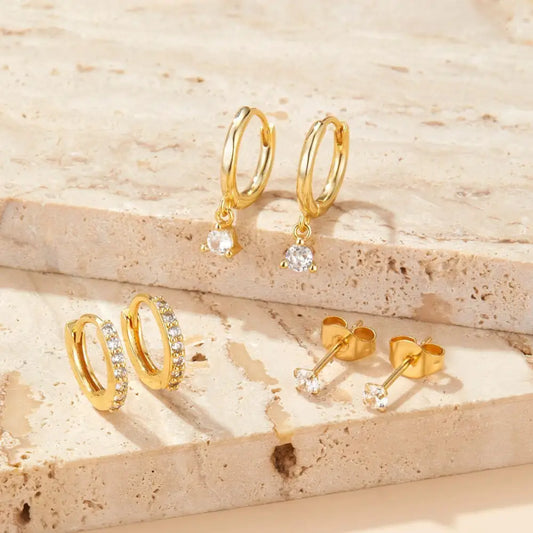 Zircon Trio Earrings - Gold One Card Three Pack / 14k